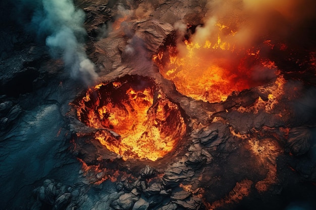 Извержение вулкана с высоты птицы Кратер вулкана и поток магмы, снятые сверху