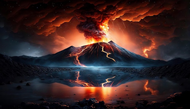 화산 분출 용암이 슬로프를 따라 흐름 밤하늘에 연기가 피어오름 Generative AI