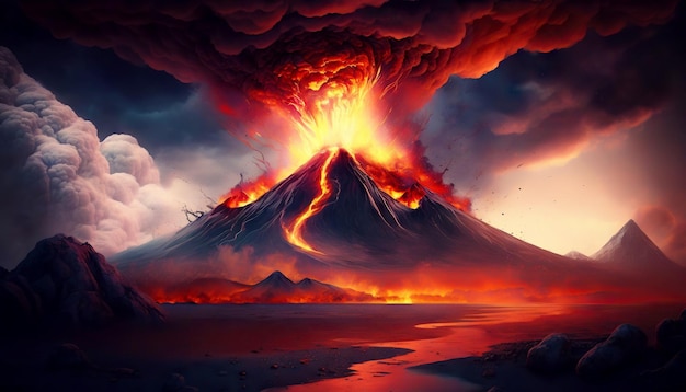 Volcano eruption Lava flow down the slopes Smoke rises in night sky Generative AI