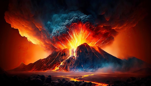 Photo volcano eruption lava flow down the slopes smoke rises in night sky generative ai