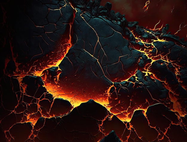 Извержение вулкана расплавило потрескавшуюся текстуру лавы с желто-оранжевой светящейся обожженной магмой в вулкане