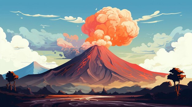 Volcano eruption in mountain illustration AI Generated