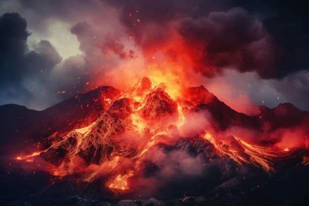 Volcano eruption at night 3D illustration Elements of this image furnished by NASA Lava spurting out of crater and reddish illuminated smoke cloud lava flows erupting volcano AI Generated