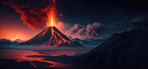 Volcano eruption at night panorama Generative AI