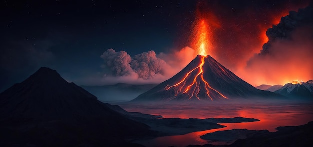 Foto eruzione del vulcano al panorama notturno ia generativa