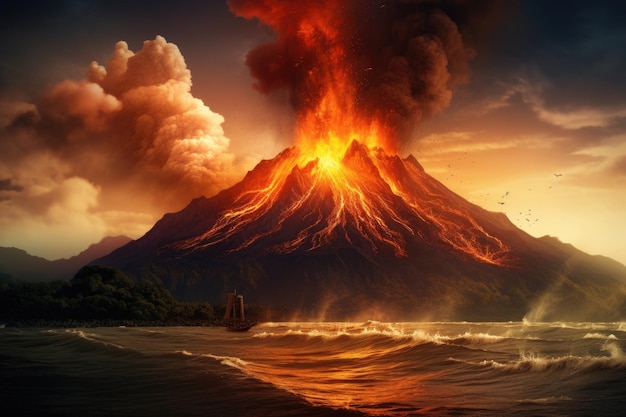 Volcano eruption in the sea at sunset 3D Rendering Photo of the volcanic eruption Krakatoa AI Generated