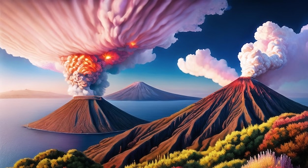 Volcano eruption smoke landscapes digital painting illustation Ai generated for canvas wall art