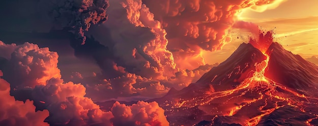 Photo a volcano eruption in varying tones of lava red emphasizing the flow of molten rock and ash clouds