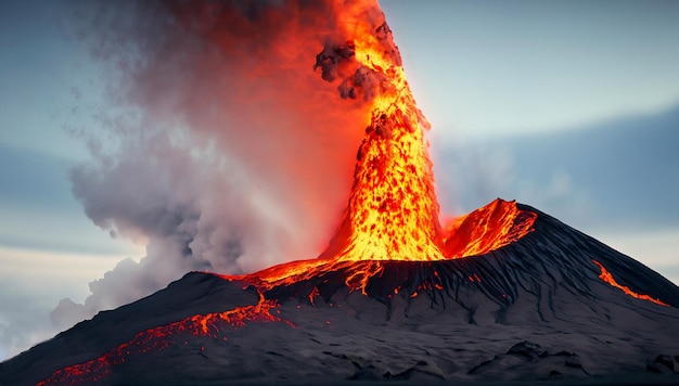 Volcano eruption volcanic eruption with lava going down generative Ai