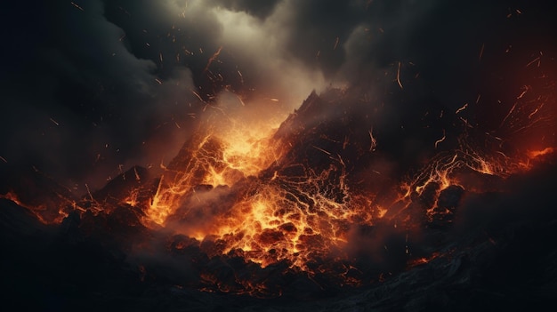 Volcano eruption with fiery lava and smoke Generative AI