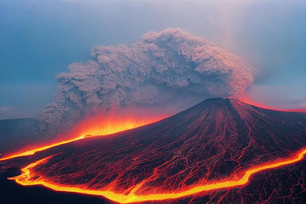 Volcano eruption with hot lava flow natural disaster