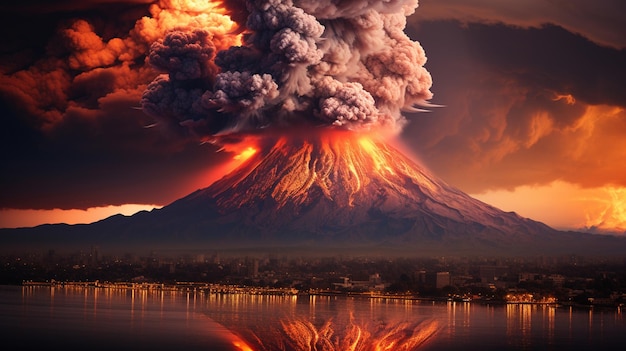 写真 暗闇の中で溶岩流を伴う火山の噴火 高品質写真