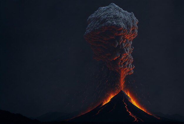 volcano eruption with smoke and fire isolated with dark background