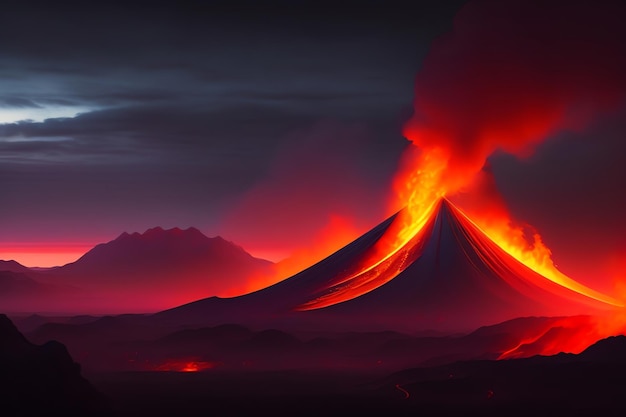 暗闇の中で火山が噴火する