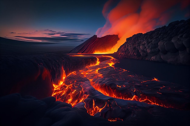 Volcano erupts lava into the ocean at night generative ai