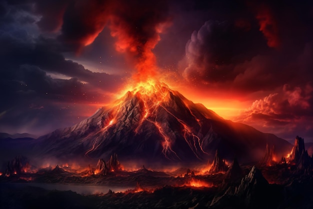 火山が溶岩を噴出し、溶岩が空に飛び出す