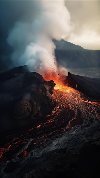 A volcano erupts lava and steam into the air Generative AI image