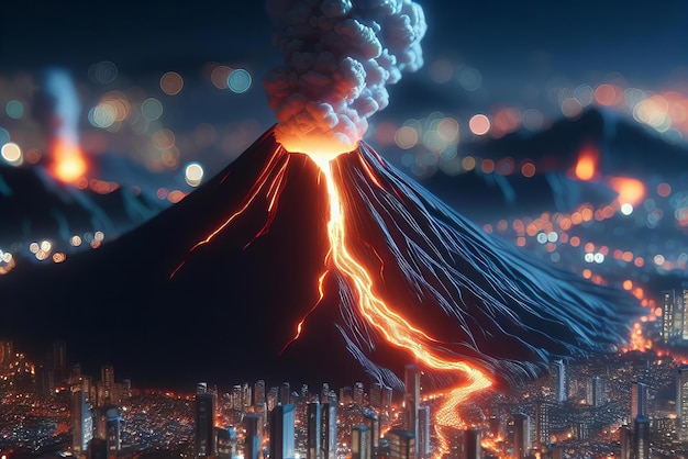 Foto il vulcano erutta in mezzo a una città