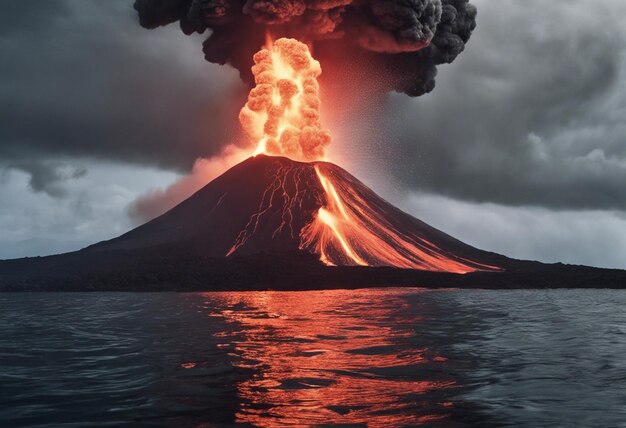 Photo a volcano erupts in the middle of the sea