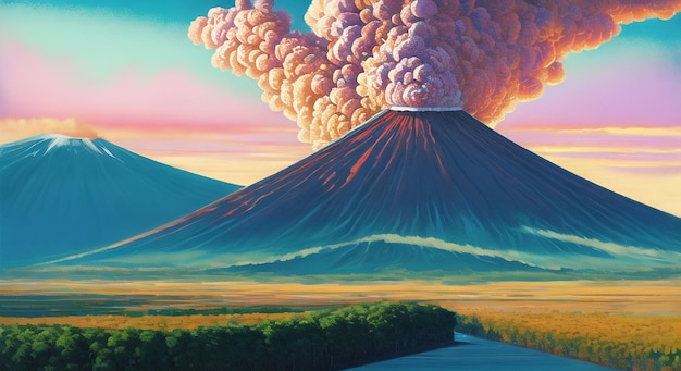 Volcano erupts natural disater landscapes digital painting illustation Ai generated for instagram
