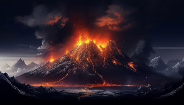 A volcano erupts in the sky with a dark background