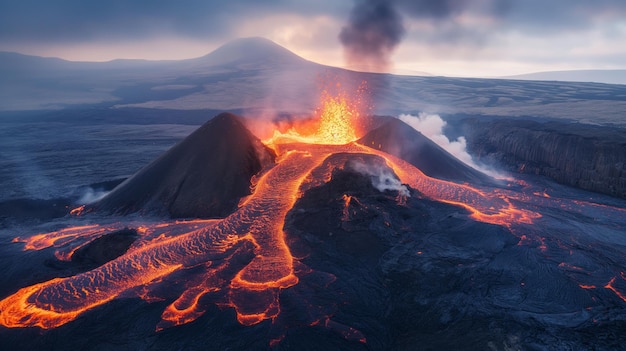 Photo volcano erupts spewing lava and ash as dusk settles over the stark landscape