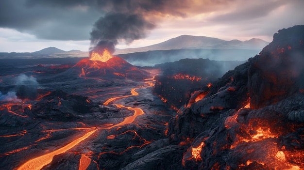 火山が噴火し荒れ果てた風景に夕暮れが落ちるにつれ溶岩と灰を吐き出します