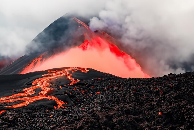 Foto il vulcano sta eruttando lava.