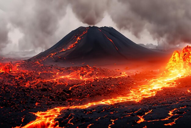 火山は溶岩を噴火させている