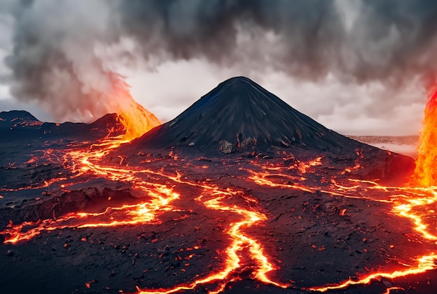 写真 火山は溶岩を噴火させている