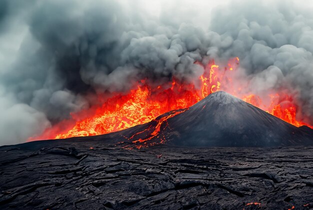 火山は溶岩を噴火させている
