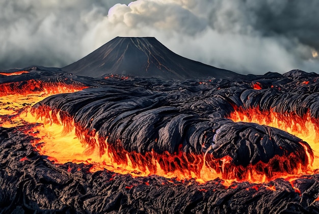 Foto il vulcano sta eruttando lava.