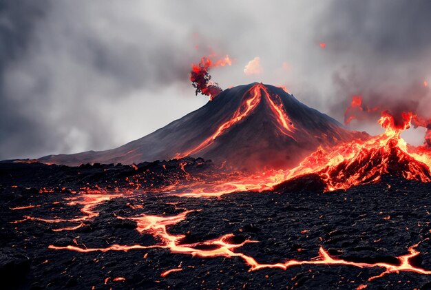 写真 火山は溶岩を噴火させている