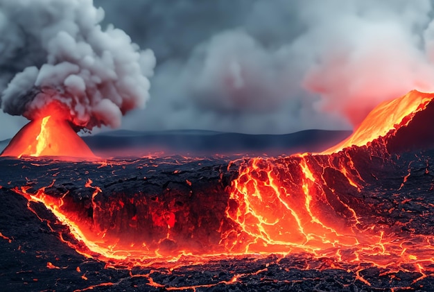 写真 火山は溶岩を噴火させている