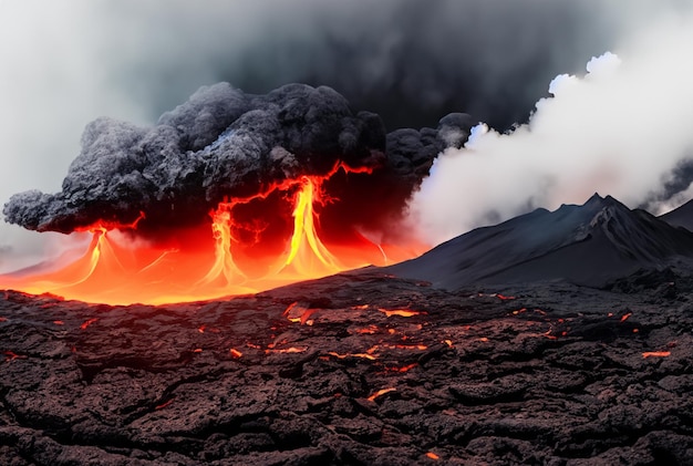 Foto il vulcano sta eruttando lava.