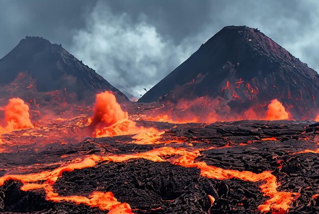 写真 火山は溶岩を噴火させている
