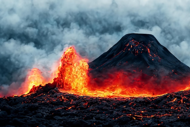 写真 火山は溶岩を噴火させている