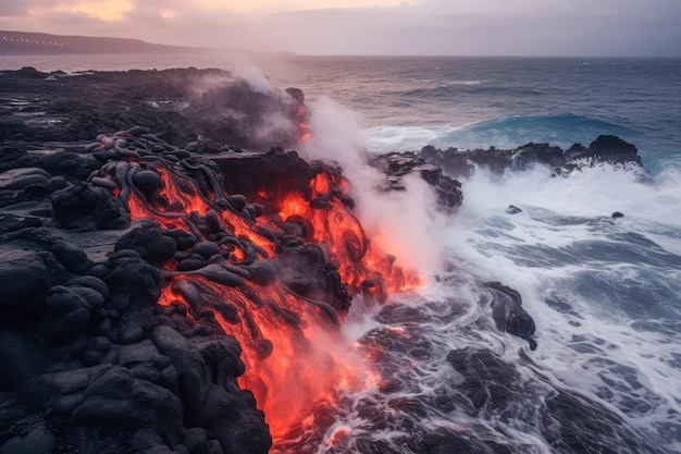 海に流れ落ちる火山の溶岩