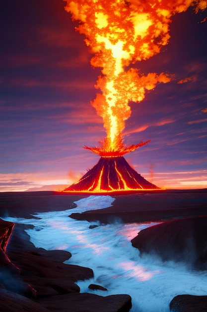 Photo volcano lava golden magma flow nature landscape wallpaper background illustration element