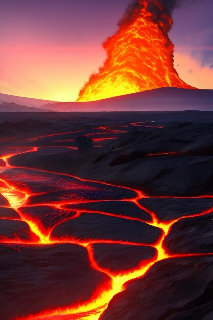 Volcano lava golden magma flow nature landscape wallpaper background illustration element