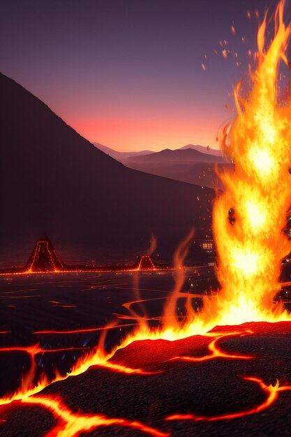 Volcano lava golden magma flow nature landscape wallpaper background illustration element