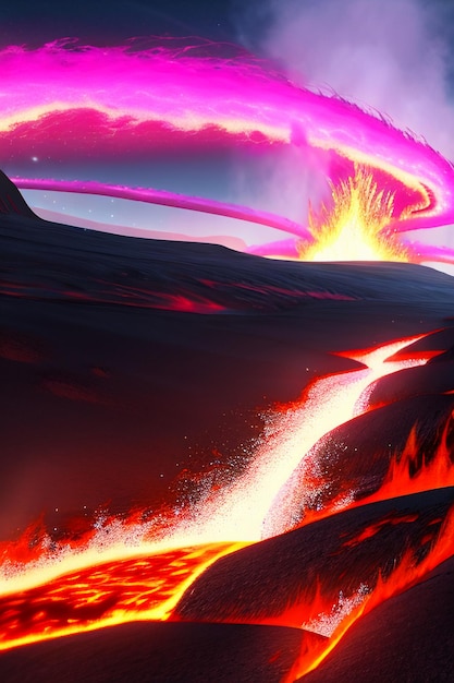 Volcano lava golden magma flow nature landscape wallpaper background illustration element