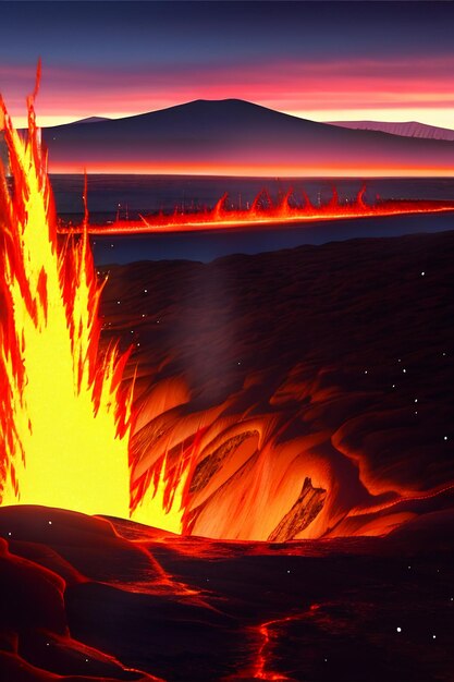 Volcano lava golden magma flow nature landscape wallpaper background illustration element