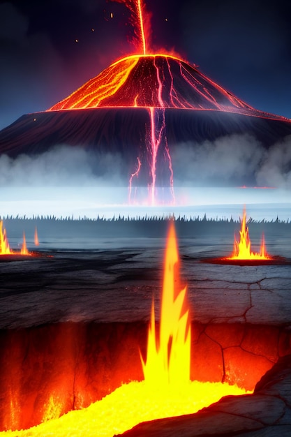 Photo volcano lava golden magma flow nature landscape wallpaper background illustration element