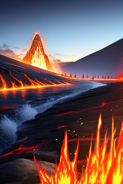 Volcano lava golden magma flow nature landscape wallpaper background illustration element