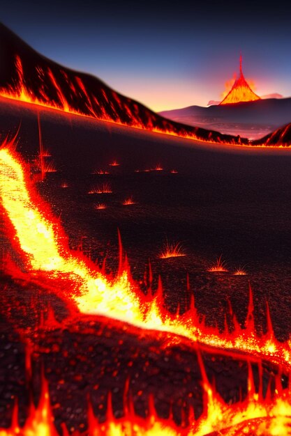 Volcano lava golden magma flow nature landscape wallpaper background illustration element