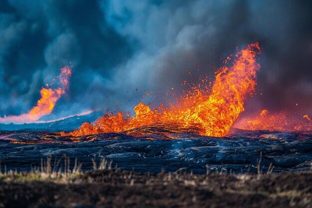 Volcano lava moving exploding