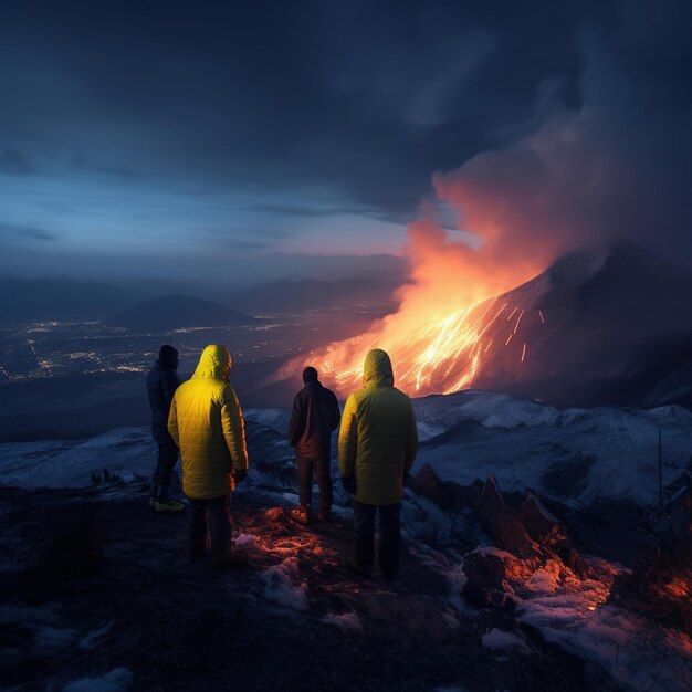 Foto lo scienziato vulcanico sta osservando il vulcano durante l'eruzione