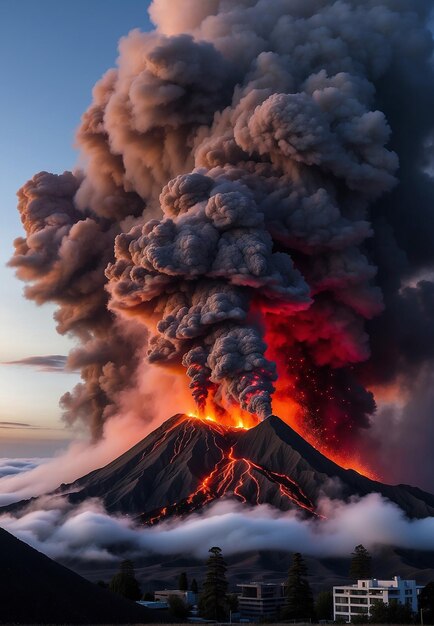 Вулкан просыпается, дым поднимается в небо, красноватая лава спускается с горы.