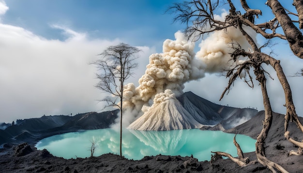 Photo a volcano with a blue water and a few trees in the background